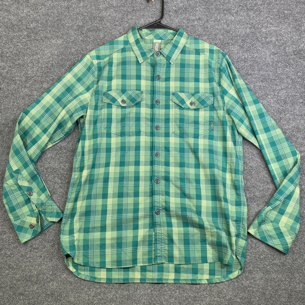 Stio Mens Lone Tree Plaid Long Sleeve Button Up Shirt Green Medium Outdoor Hike